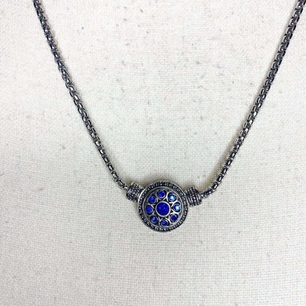 Silver Necklace Blue Crystal Round Decorative Pendant 18” Adjusts - Picture 3 of 4